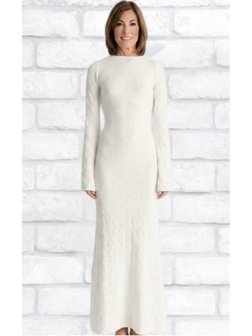 Ronny Kobo Lanora Cream Textured Long Sleeve Maxi Dress